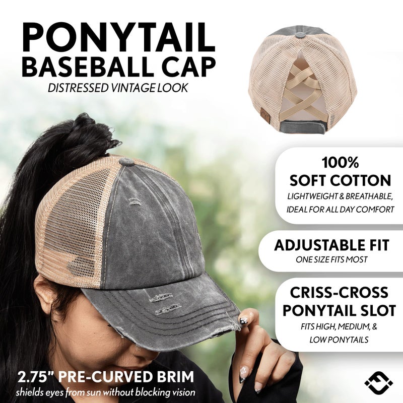 Funky Junque Women's Distressed Ponytail Hat Funny Messy Bun Ball Cap Trucker Hat with Ponytail Hole - Beige Mesh - Charcoal (Distressed) - Image 2